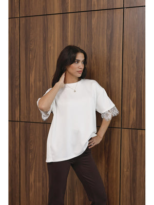 Beyaz Sırtı Dantelli Tshirt 1073-Beyaz