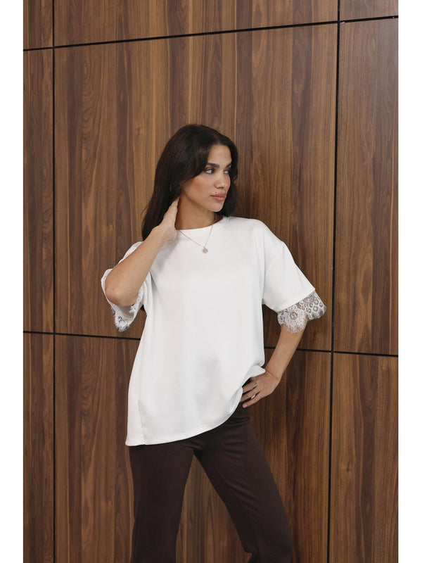 Beyaz Sırtı Dantelli Tshirt 1073-Beyaz
