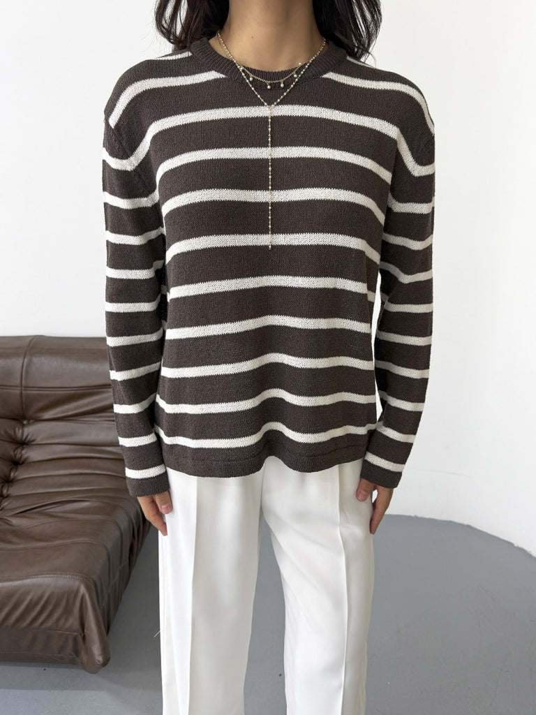 Kahve Ekru Çizgili Triko Kazak 261032-Kahve
