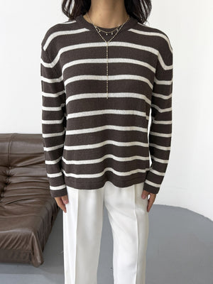 Kahve Ekru Çizgili Triko Kazak 261032-Kahve