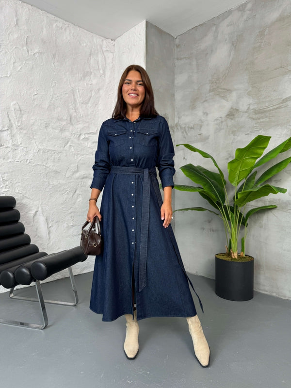 Lacivert Boydan Çıtçıtlı Kuşaklı Denim Elbise