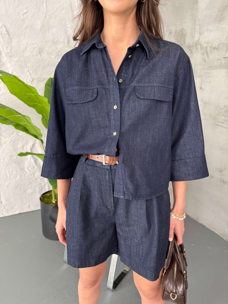 Premium İnce Denim Şort Gömlek Takım