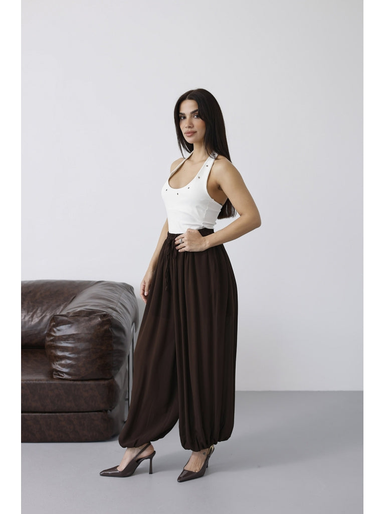 Kahverengi Paçası Lastikli Şalvar Pantolon 51316-Kahverengi