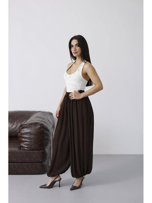 Kahverengi Paçası Lastikli Şalvar Pantolon 51316-Kahverengi