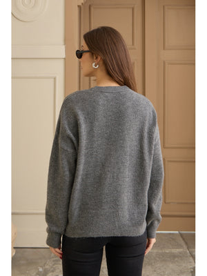 Gri Keten Çiçekli Oversize Kazak
