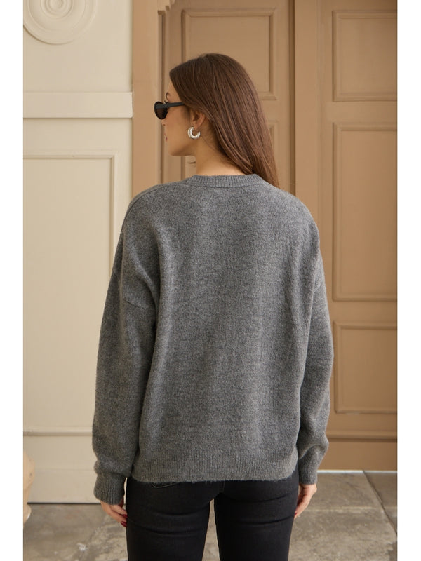 Gri Keten Çiçekli Oversize Kazak