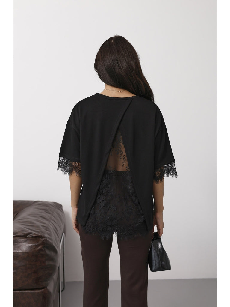 Siyah Sırtı Dantelli Tshirt 1073-Siyah
