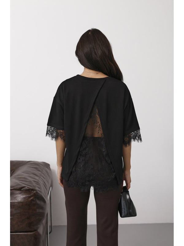 Siyah Sırtı Dantelli Tshirt 1073-Siyah