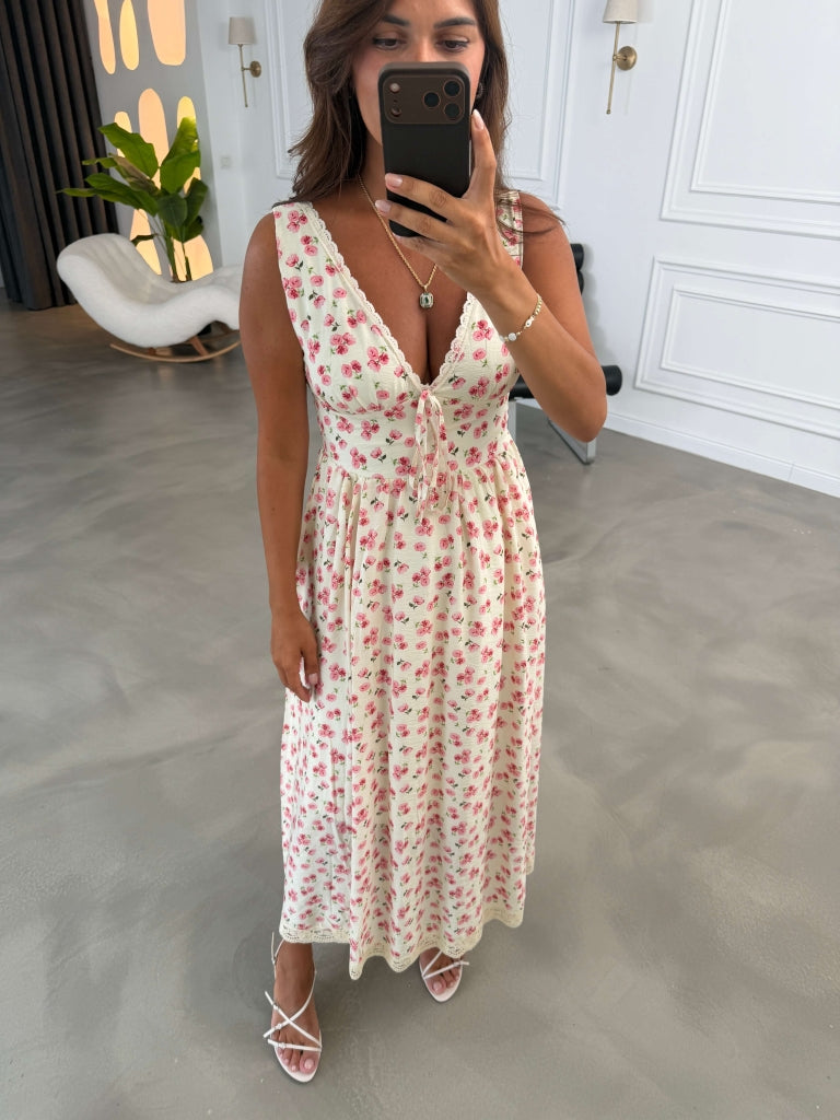 Pembe Çıtır Çiçekli Dantel Yaka Elbise 4055-Pembe