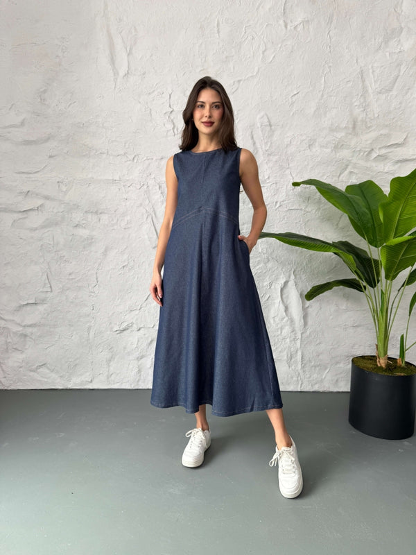 Sıfır Kol Dikiş Detaylı Jean Elbise 29828