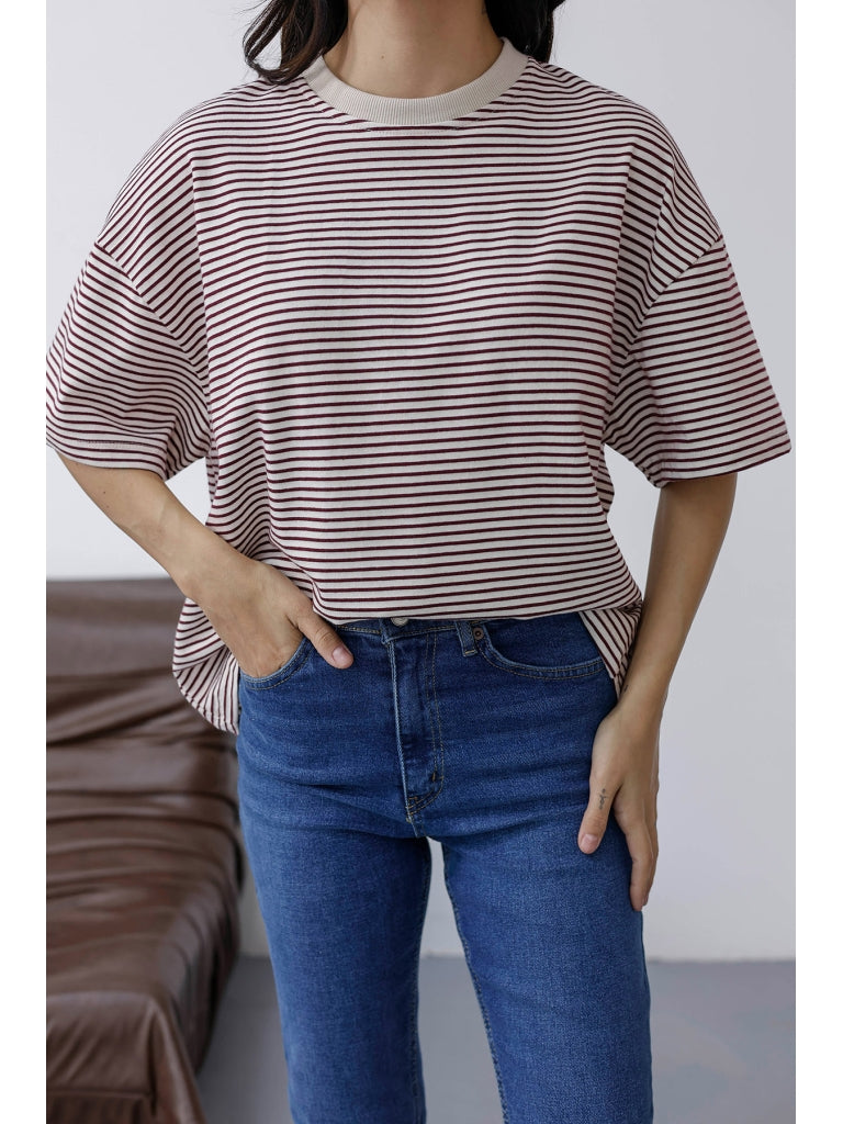 Bordo Çizgili Orj Marka Oversize Tshirt 6274-Bordo