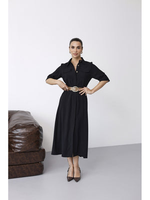 Siyah Cep Detaylı Kısa Kol Elbise 8124-Siyah