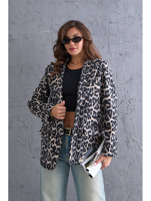 Gri Leopar Blazer Kaşe Ceket