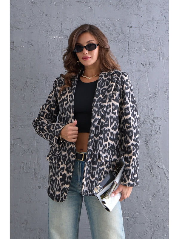 Gri Leopar Blazer Kaşe Ceket
