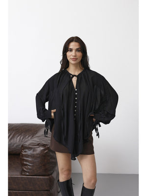 Siyah Yakası Fularlı Salaş Gömlek 4988-Siyah