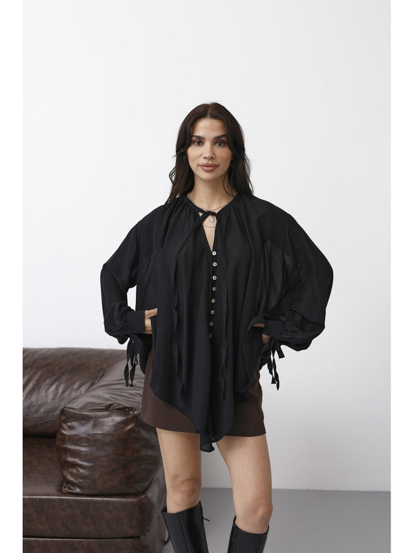 Siyah Yakası Fularlı Salaş Gömlek 4988-Siyah