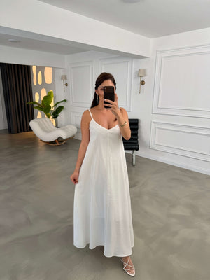 Beyaz İp Askılı Çan Elbise 3041-Beyazz