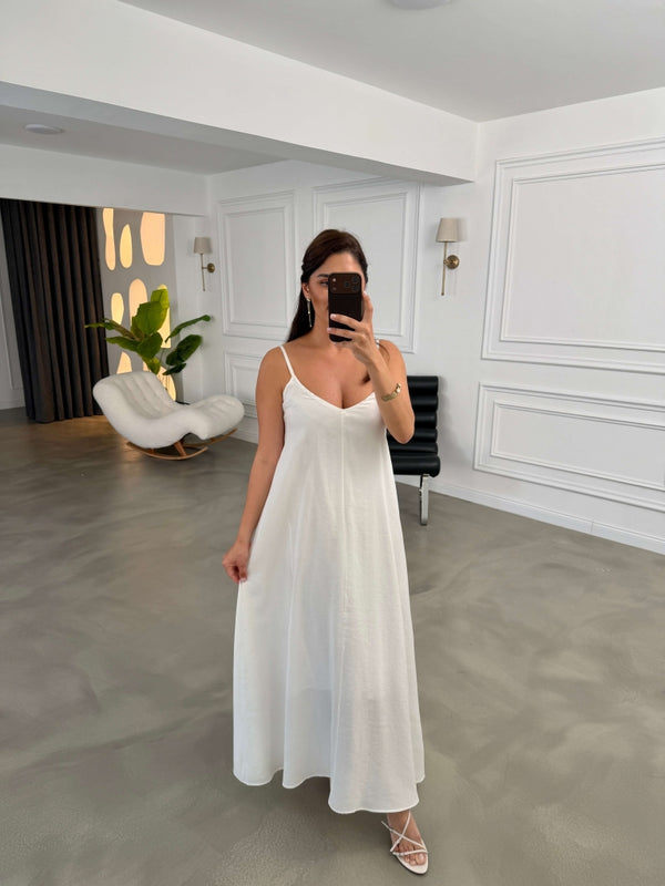 Beyaz İp Askılı Çan Elbise 3041-Beyazz