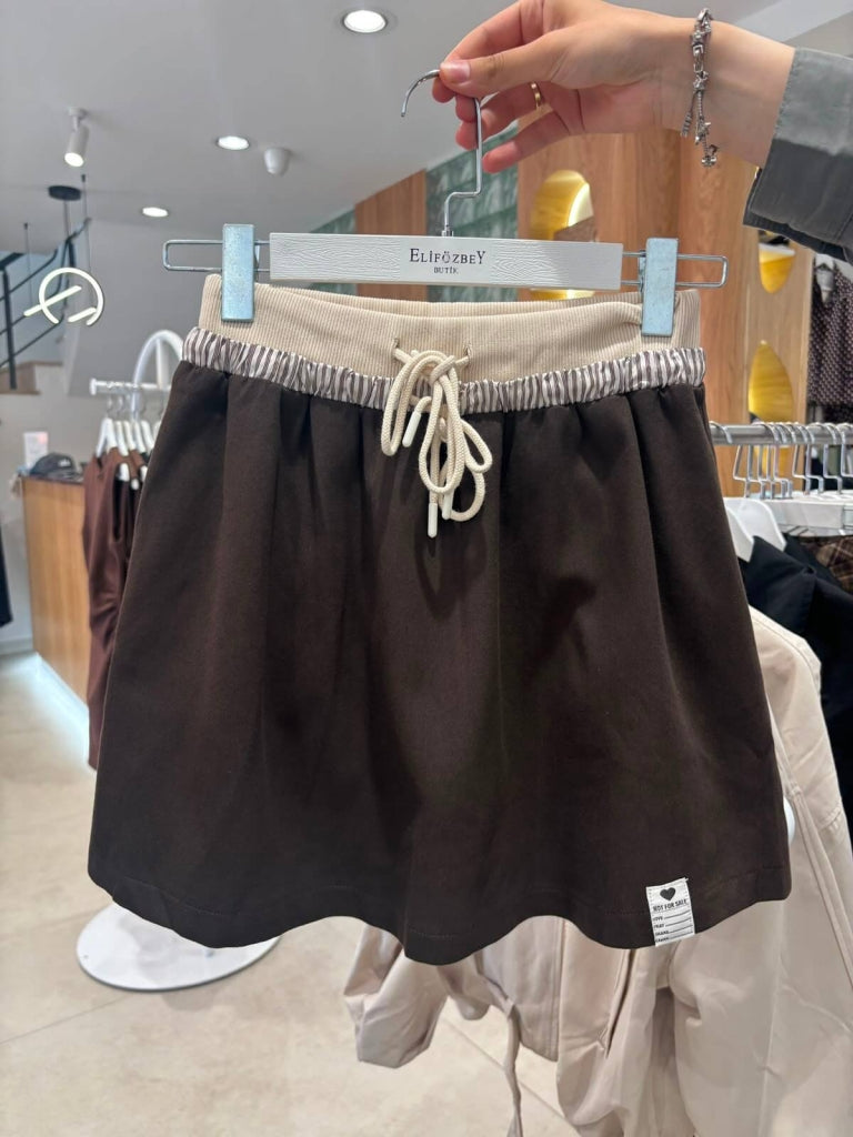 Kahve Bel Bağcıklı Etek 2736-Kahve