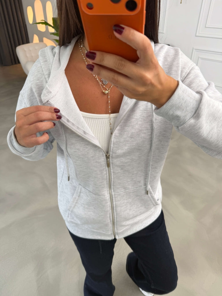 Gri Kapüşonlu Fermuarlı Basic Sweatshirt 4321-Gri