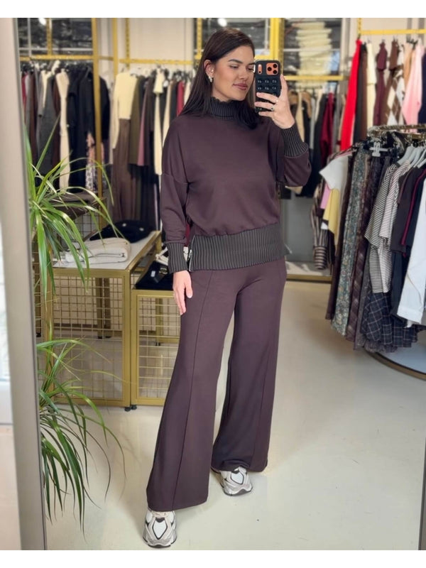 Kahverengi Ribana Detaylı Modal Takım EY4084-Kahverengi