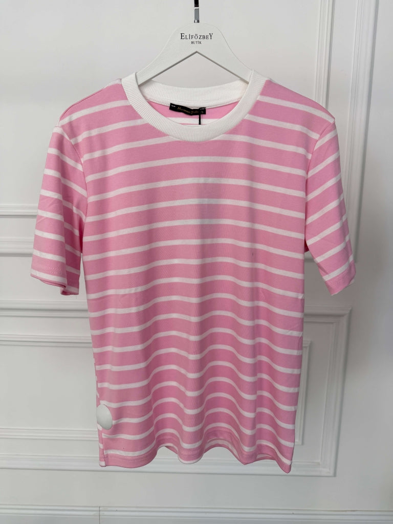 Pembe Beyaz Çizgili Orj Tshirt 58628-Pembe
