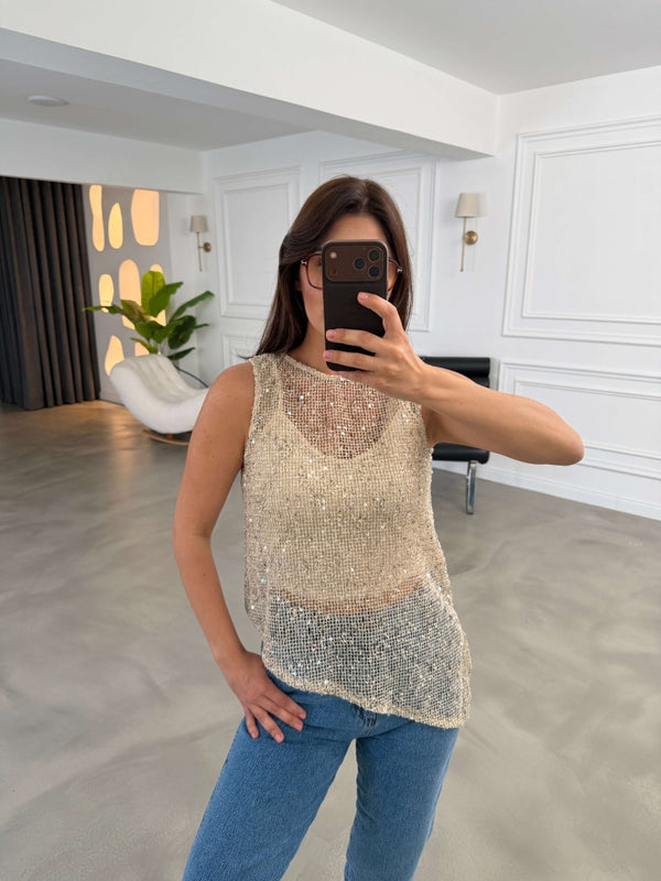 Taş İçi Askılı Asimetrik Pullu Bluz 1115-Taş