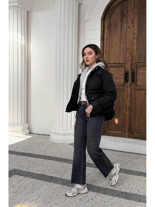 Siyah Kapşonlu Şişme Mont 2148-SİYAH