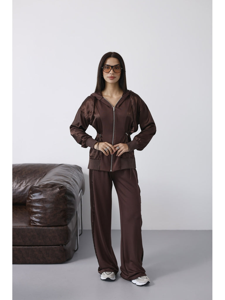 Kahverengi Saten Detaylı Bel Bağcıklı Takım 4108-Kahverengi