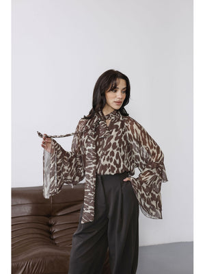 Kahve Leopar Desenli Şifon Bluz 5024-KAHVE