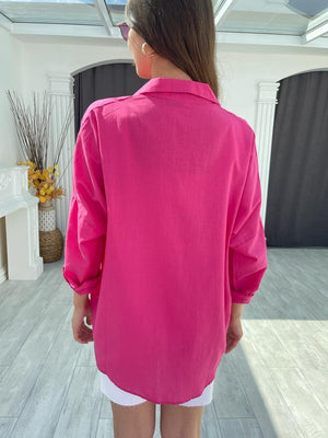 Fuşya Oversize Keten Gömlek N002- Fuşya