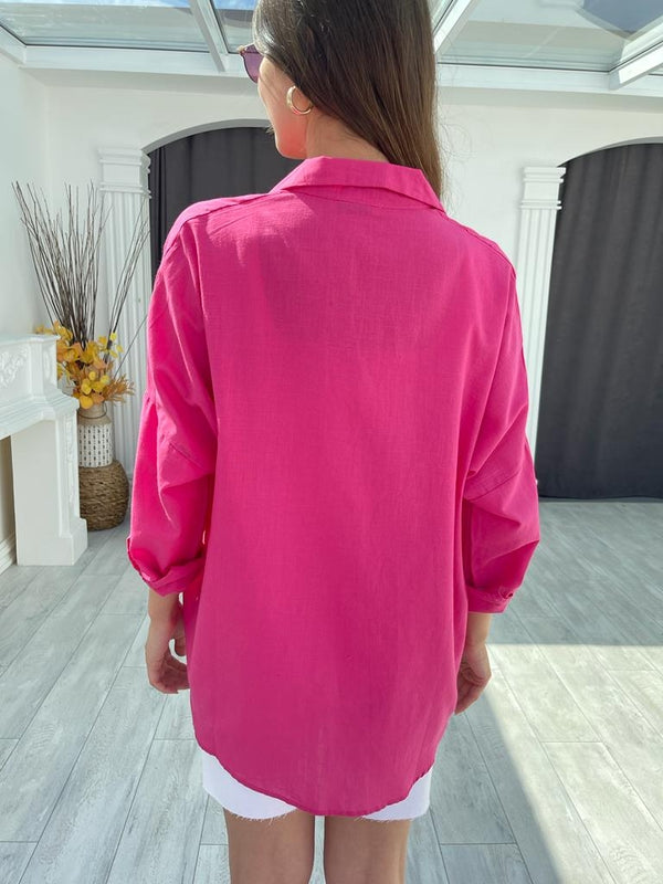 Fuşya Oversize Keten Gömlek N002- Fuşya