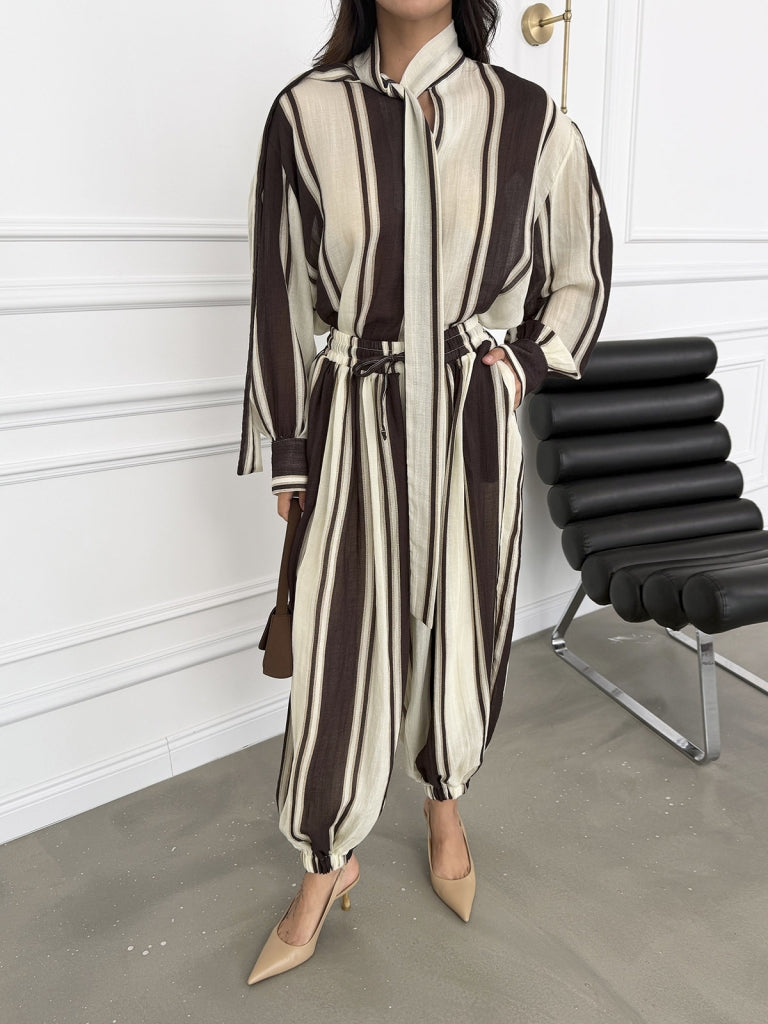 Kahve Taş Şeritli Keten Şalvar Takım 51331-Kahve