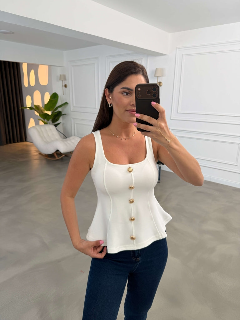 Beyaz Gold Düğmeli Bluz 4263-Beyaz
