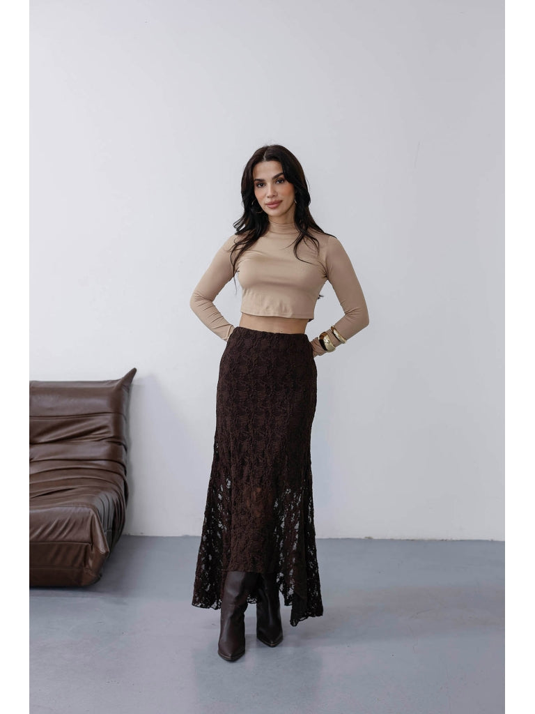 Kahverengi Asimetrik Dantel Etek 7200-Kahverengi