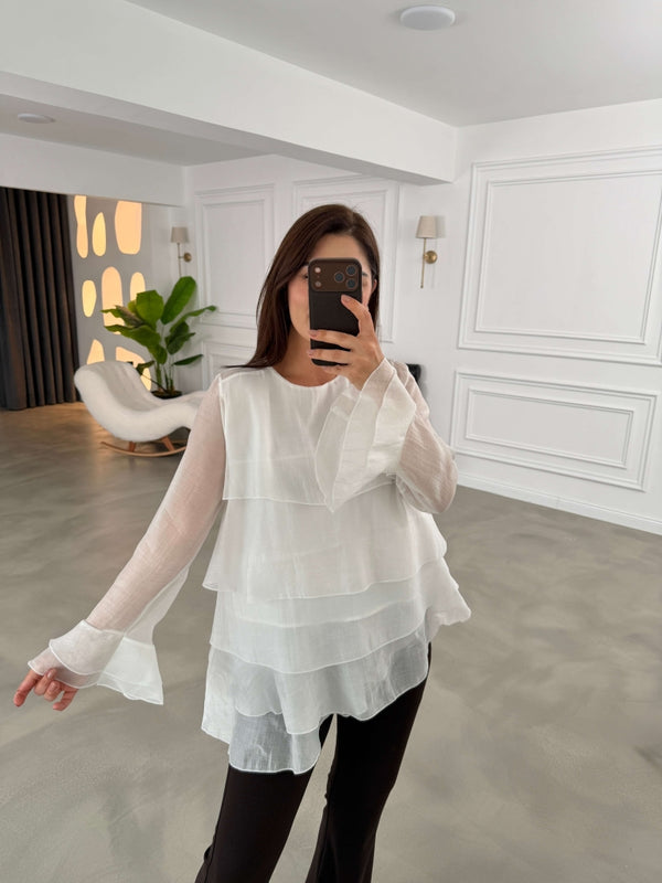 Beyaz Fırfırlı Transparan Bluz 5049-Beyaz