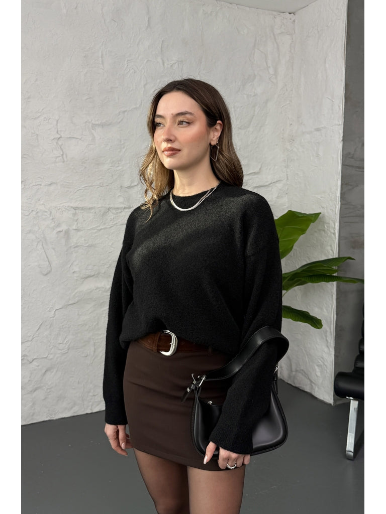 Dilvin Siyah Yün Karışımlı Kazak 10640-Siyah