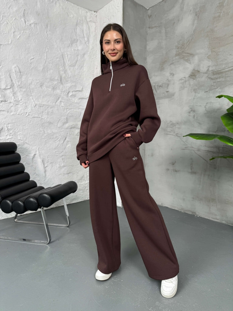 Kahverengi Yarım Fermuarlı Şardonlu Sweat Takım