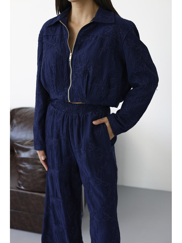 Lacivert Nakışlı Bomber Ceket Pantolon Takım 1104-Lacivert