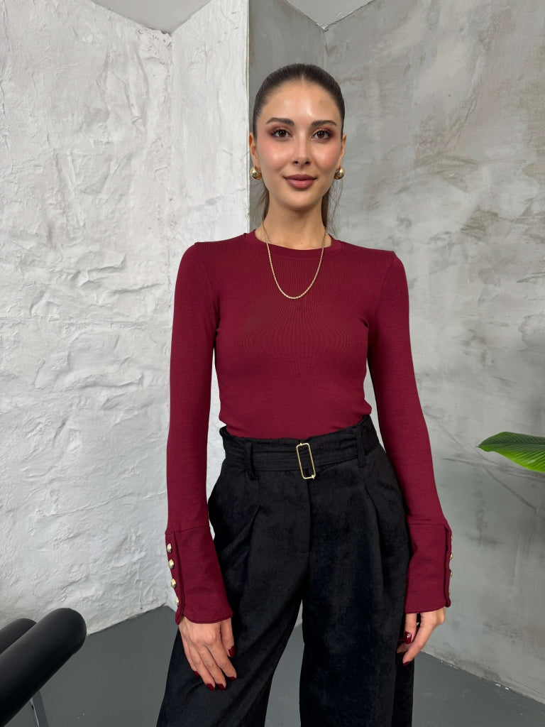 Bordo Kolları Gold Düğmeli Body