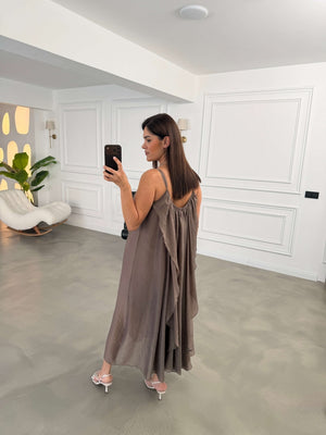 Bronz İp Askılı Fırfırlı Elbise EY3422-Bronz