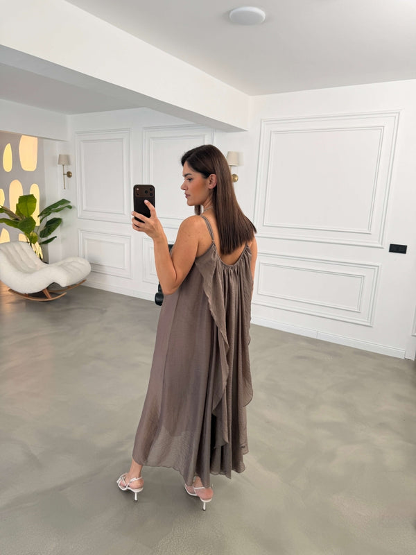 Bronz İp Askılı Fırfırlı Elbise EY3422-Bronz