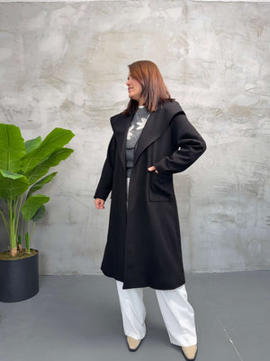 Siyah Kapşonlu Kaşe Kaban 2610-Siyah