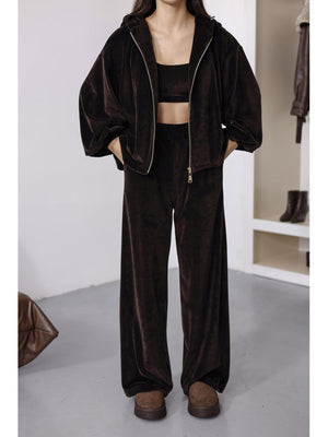 Kahverengi Üç Parça Kadife Takım 0097-Kahverengi