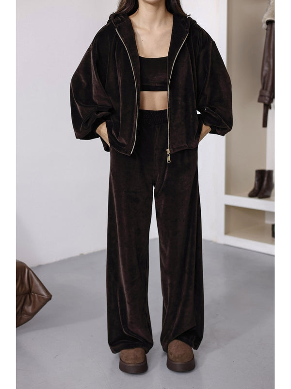 Kahverengi Üç Parça Kadife Takım 0097-Kahverengi