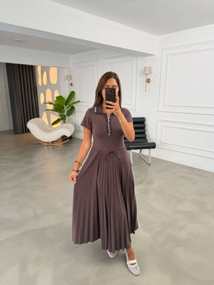 Kahve Polo Yaka Eteği Pileli Elbise 4180-Kahve