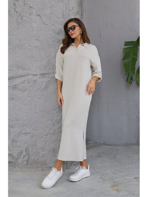 Taş Kol Detaylı Polo Yaka Modal Elbise 0562-Taş