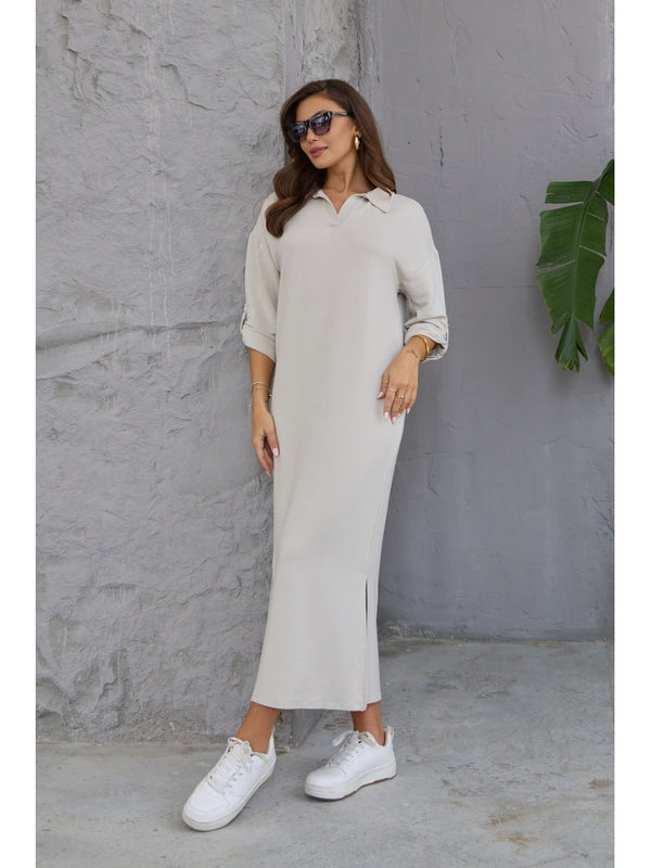 Taş Kol Detaylı Polo Yaka Modal Elbise 0562-Taş