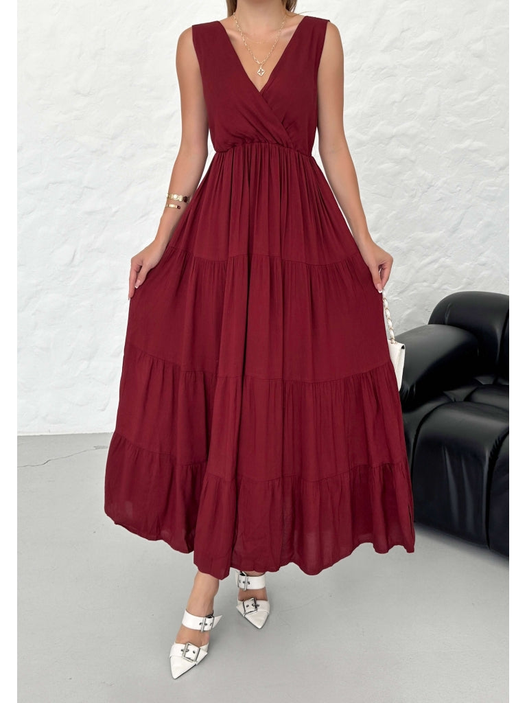 Premium Bordo Kruvaze Keten Elbise
