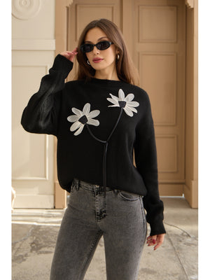 Siyah Keten Çiçekli Oversize Kazak
